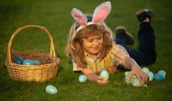 Bunny kids with rabbit bunny ears. Child boy with easter eggs and basket on grass. Child boy hunting easter eggs, laying on grass. Easter bunny children.